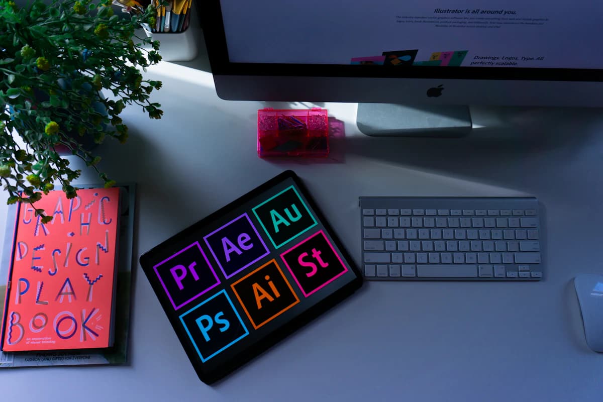 Graphic designer workspace with creative tools